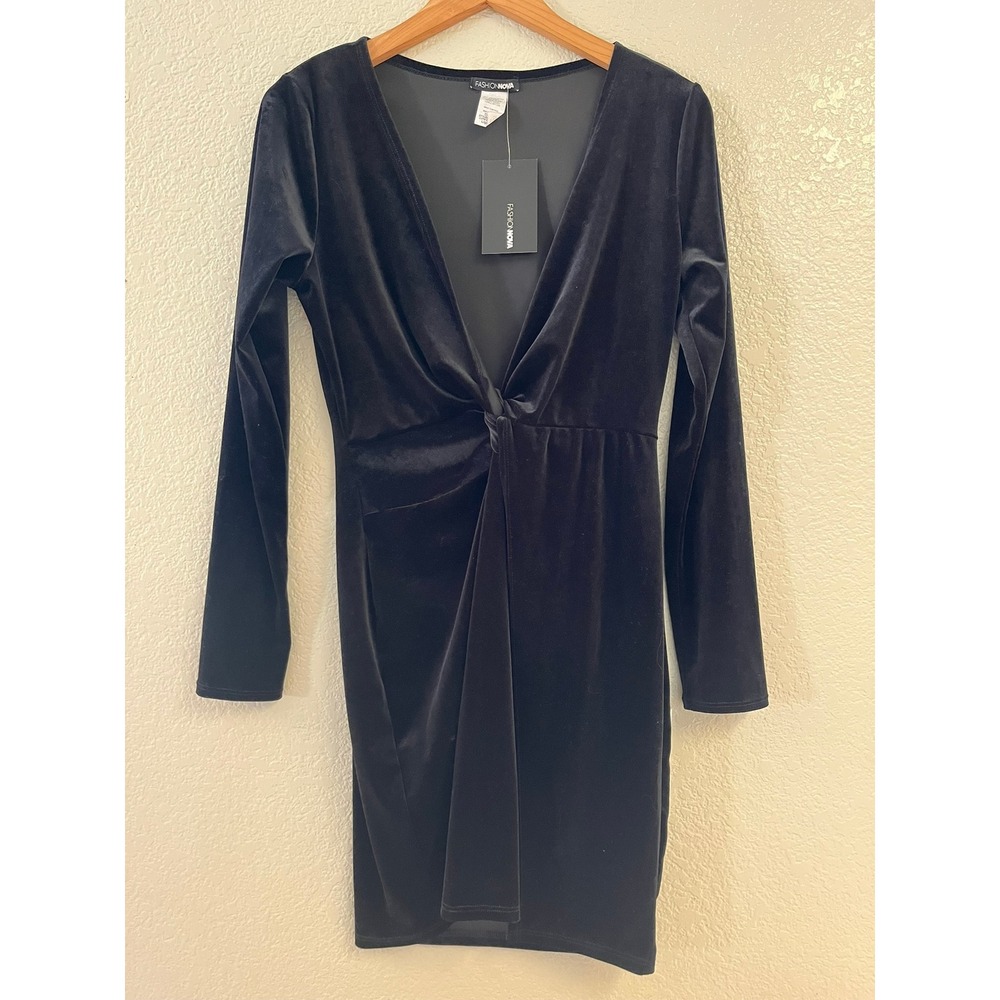 Fashion Nova Sugar Coat Velvet Dress Black Long Sleeve Twist Front Mini L